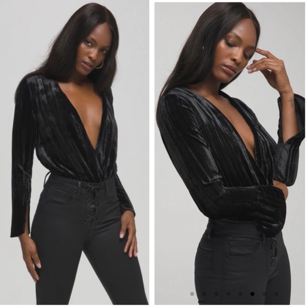 NWT Good American Black Velvet Plunge Bodysuit